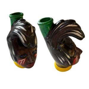 Vintage 1980s handmade Colorful Ceramic Face Bud Vase or candle holder